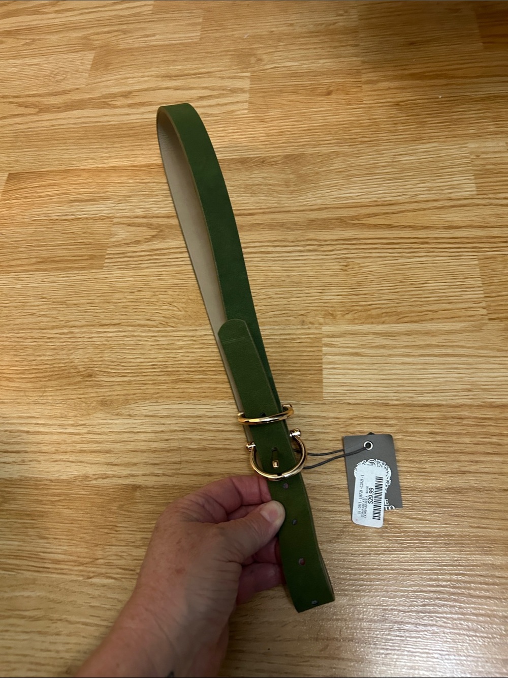 Vince Camuto Olive Green Leather Belt with Gold-Tone Buckle